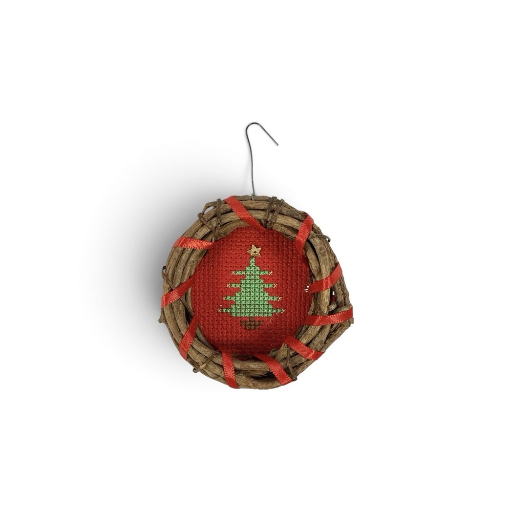 Vintage Cross Stitch Christmas Wreath Handmade Ornament Grandmacore Cottagecore